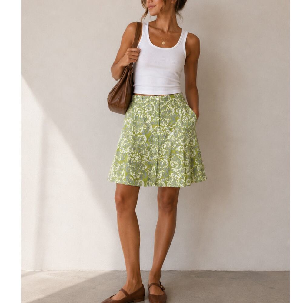 Garnet Hill Green & Grey Paisley Print Lined A Line Skirt Womens XSP Cotton Twee